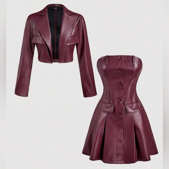 Passion of Essence Deep Burgundy Faux Leather Dress and Jacket - Picture 2 of 8